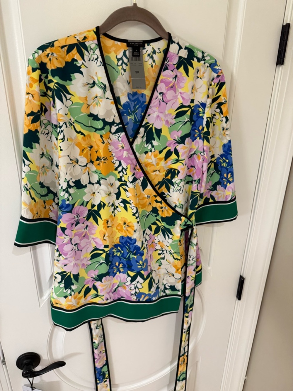 Ann Taylor Multicolor Floral Wrap Top with Green Trim